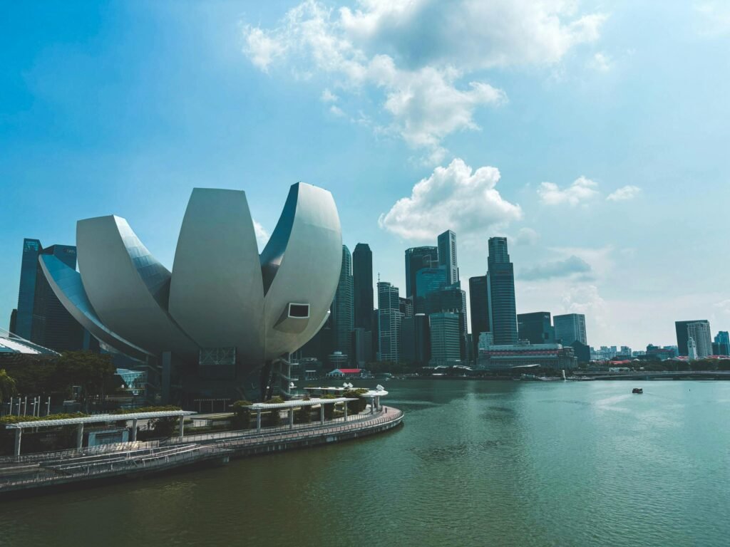 Stunning view of Singapore's skyline featuring the ArtScience Museum and Marina Bay Sands.